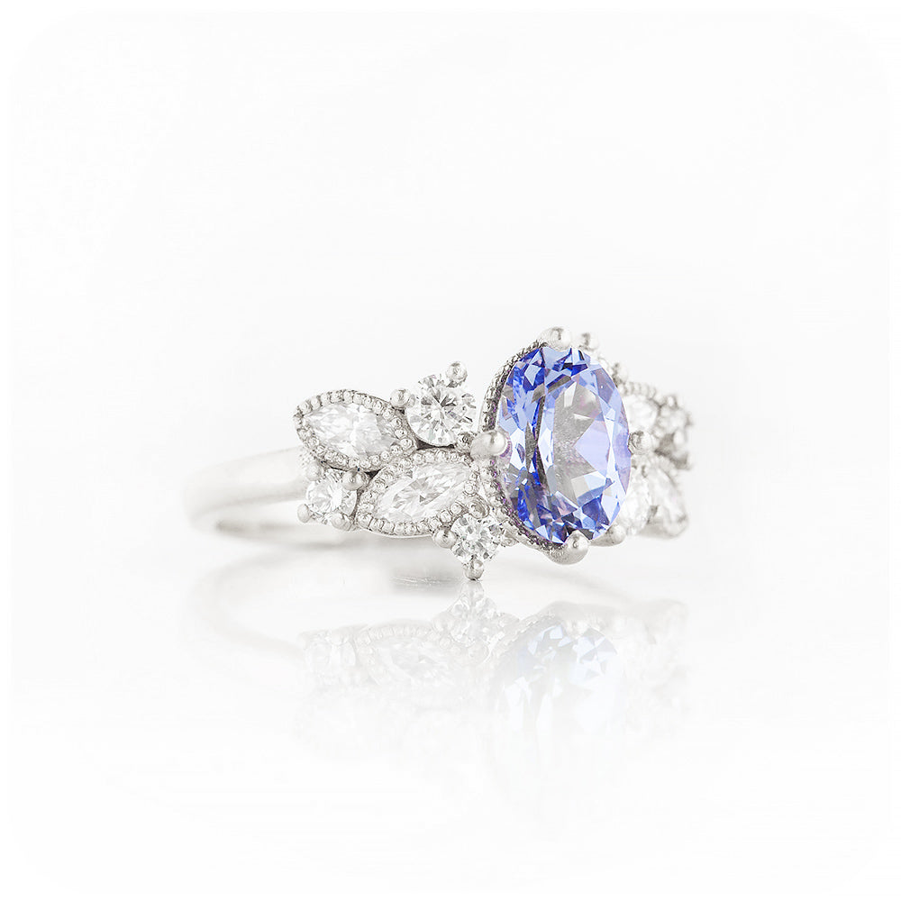 Blue and White Sapphire Cluster Style Engagement Ring - Victoria's Jewellery