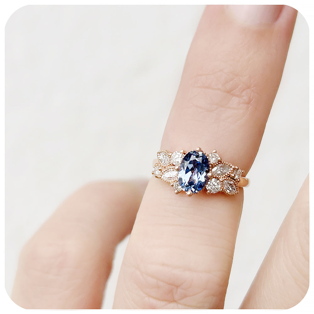 Blue and White Sapphire Cluster Style Engagement Ring - Victoria's Jewellery