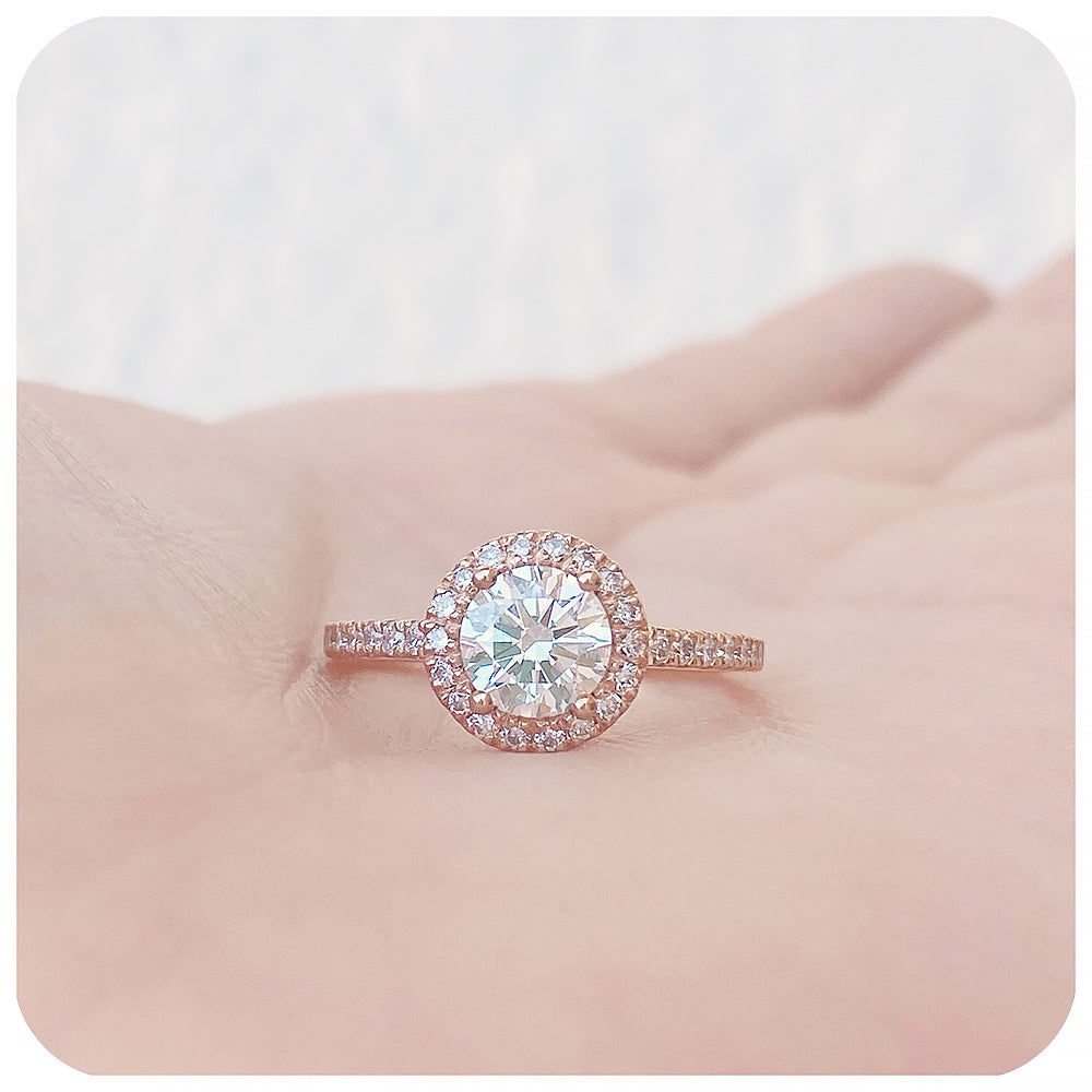 Brilliant round cut Moissanite Halo Engagement Wedding Ring - Victoria's Jewellery