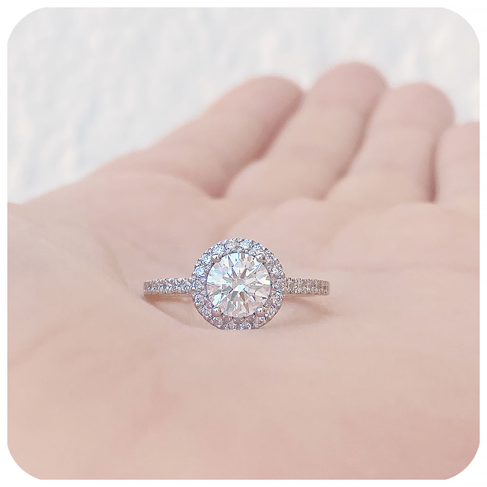 Brilliant round cut Lab Grown Diamond Halo Engagement Wedding Ring - Victoria's Jewellery