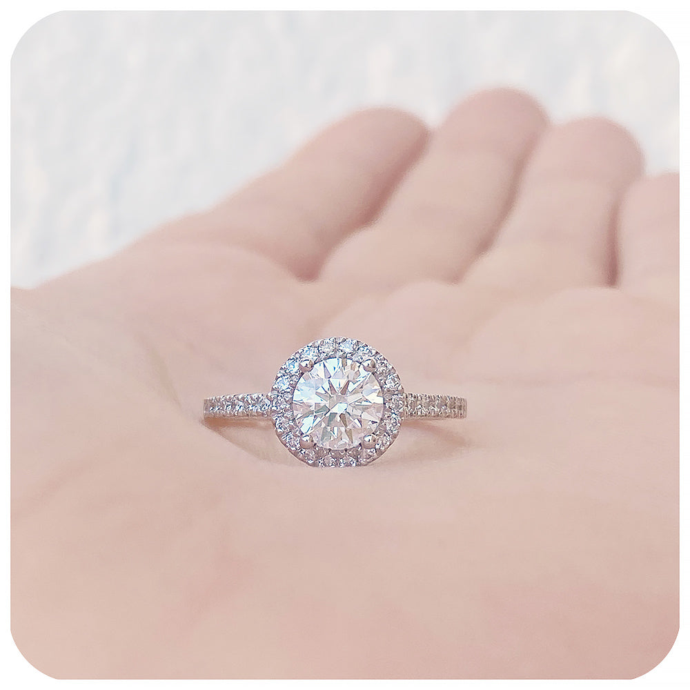 Brilliant round cut Moissanite Halo Engagement Wedding Ring - Victoria's Jewellery