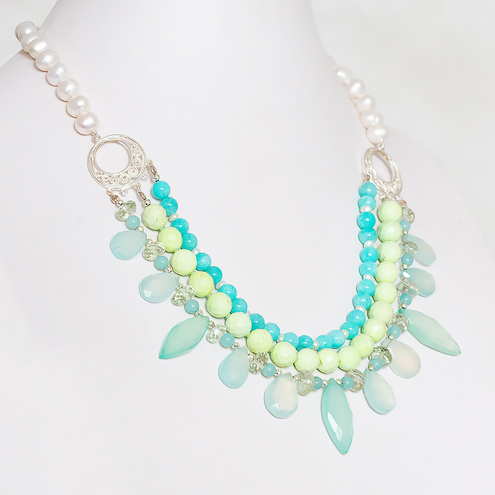 The Feathered Chalcedony, Chrysopraise and Amazonite Necklace with White Fresh Water Pearls - Victoria's Jewellery