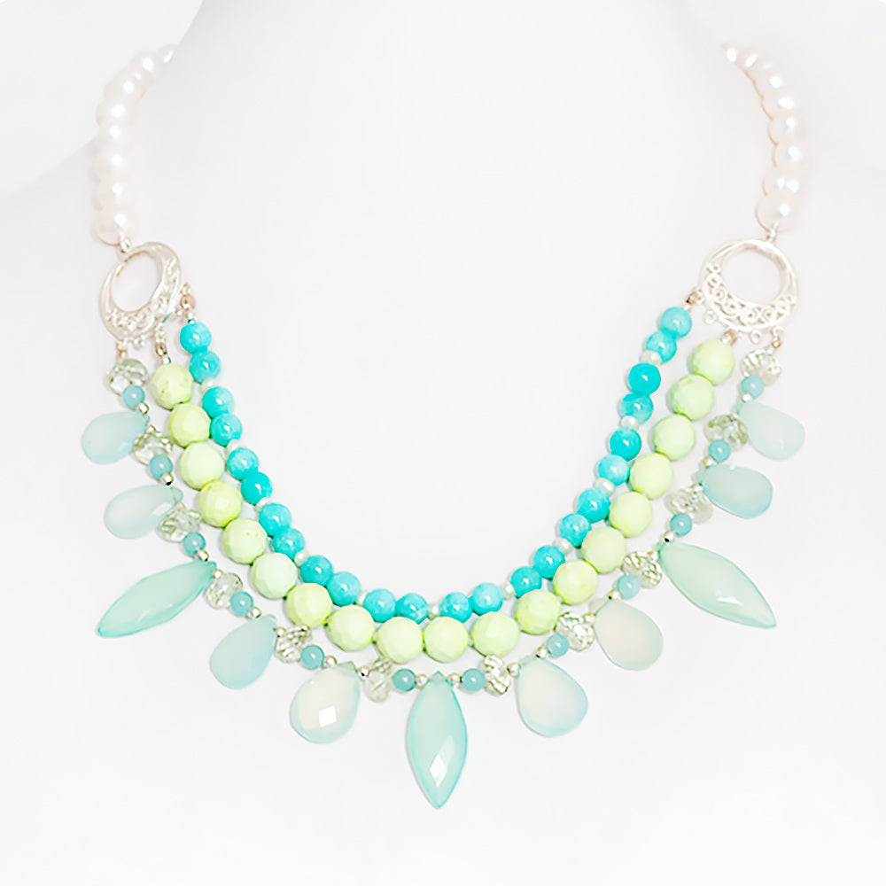 The Feathered Chalcedony, Chrysopraise and Amazonite Necklace with White Fresh Water Pearls - Victoria's Jewellery