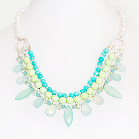 The Feathered Chalcedony, Chrysopraise and Amazonite Necklace with White Fresh Water Pearls - Victoria's Jewellery