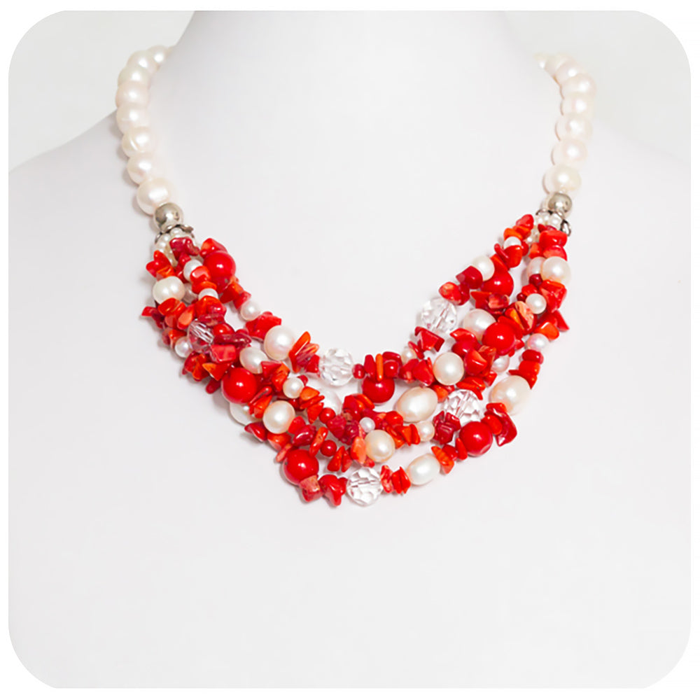 Bright Red Coral, Crystal and Fresh Water Pearl Necklace