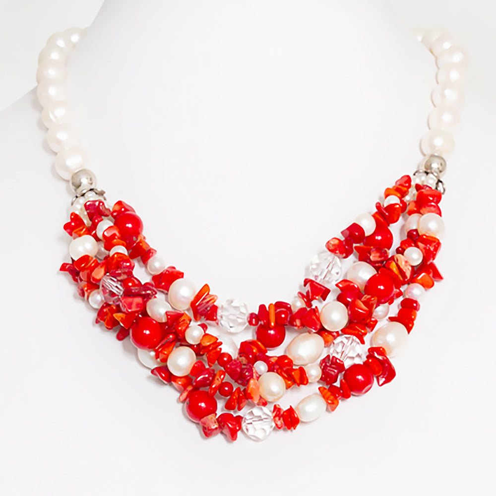 Bright Red Coral, Crystal and Fresh Water Pearl Necklace - Victoria's Jewellery