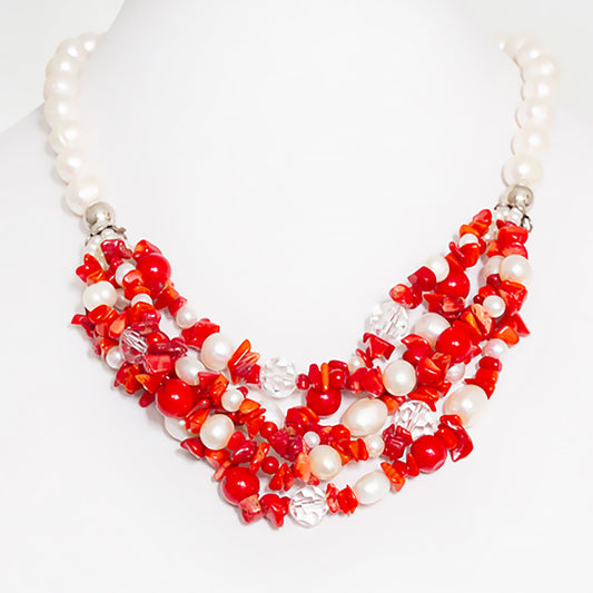 Bright Red Coral, Crystal and Fresh Water Pearl Necklace - Victoria's Jewellery