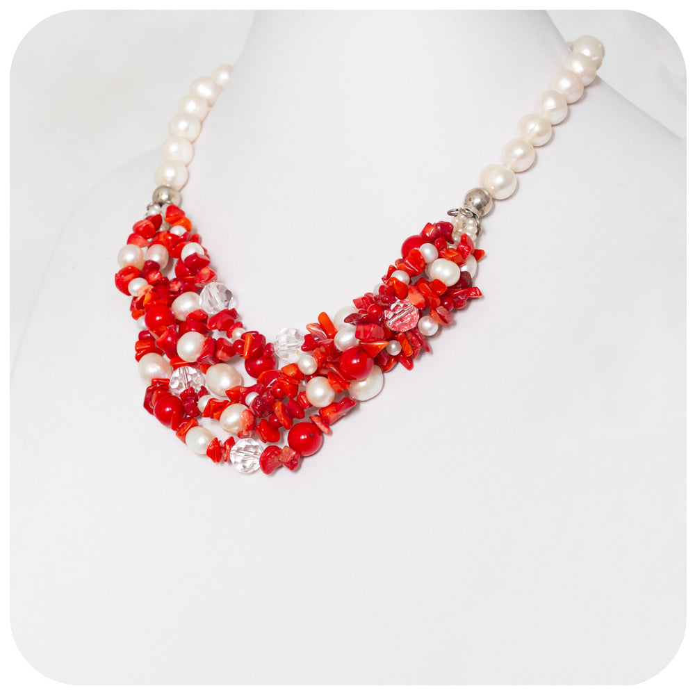 Bright Red Coral, Crystal and Fresh Water Pearl Necklace