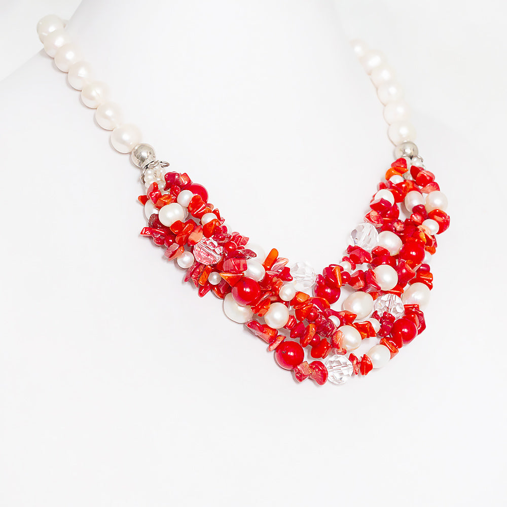 Bright Red Coral, Crystal and Fresh Water Pearl Necklace - Victoria's Jewellery