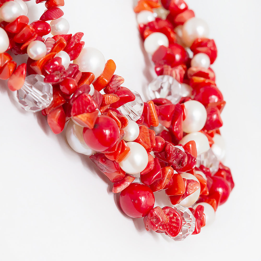 Bright Red Coral, Crystal and Fresh Water Pearl Necklace - Victoria's Jewellery