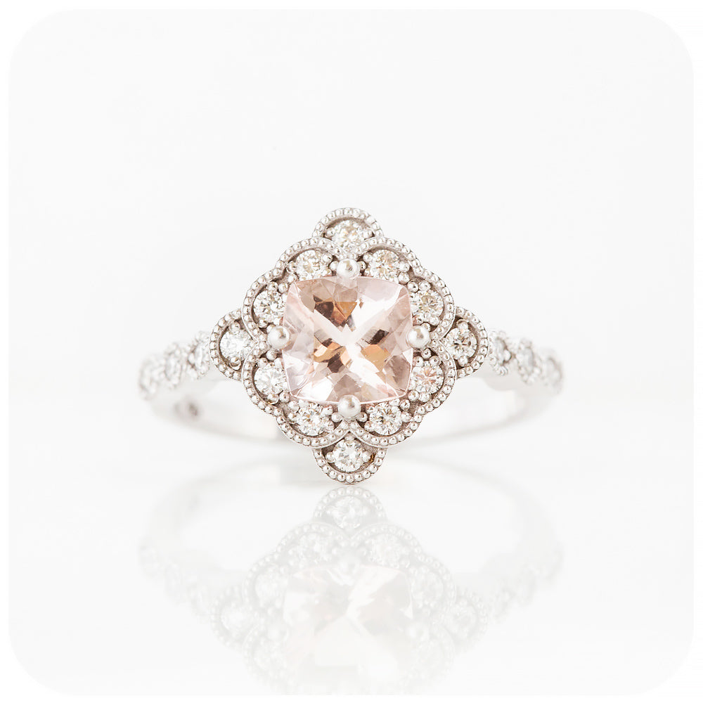 Cushion cut Morganite and Diamond Halo Engagement Ring - Victoria's Jewellery