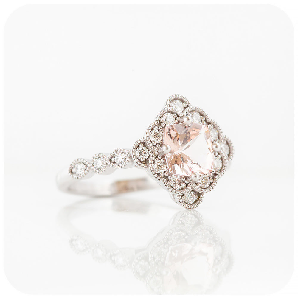 Cushion cut Morganite and Diamond Halo Engagement Ring - Victoria's Jewellery