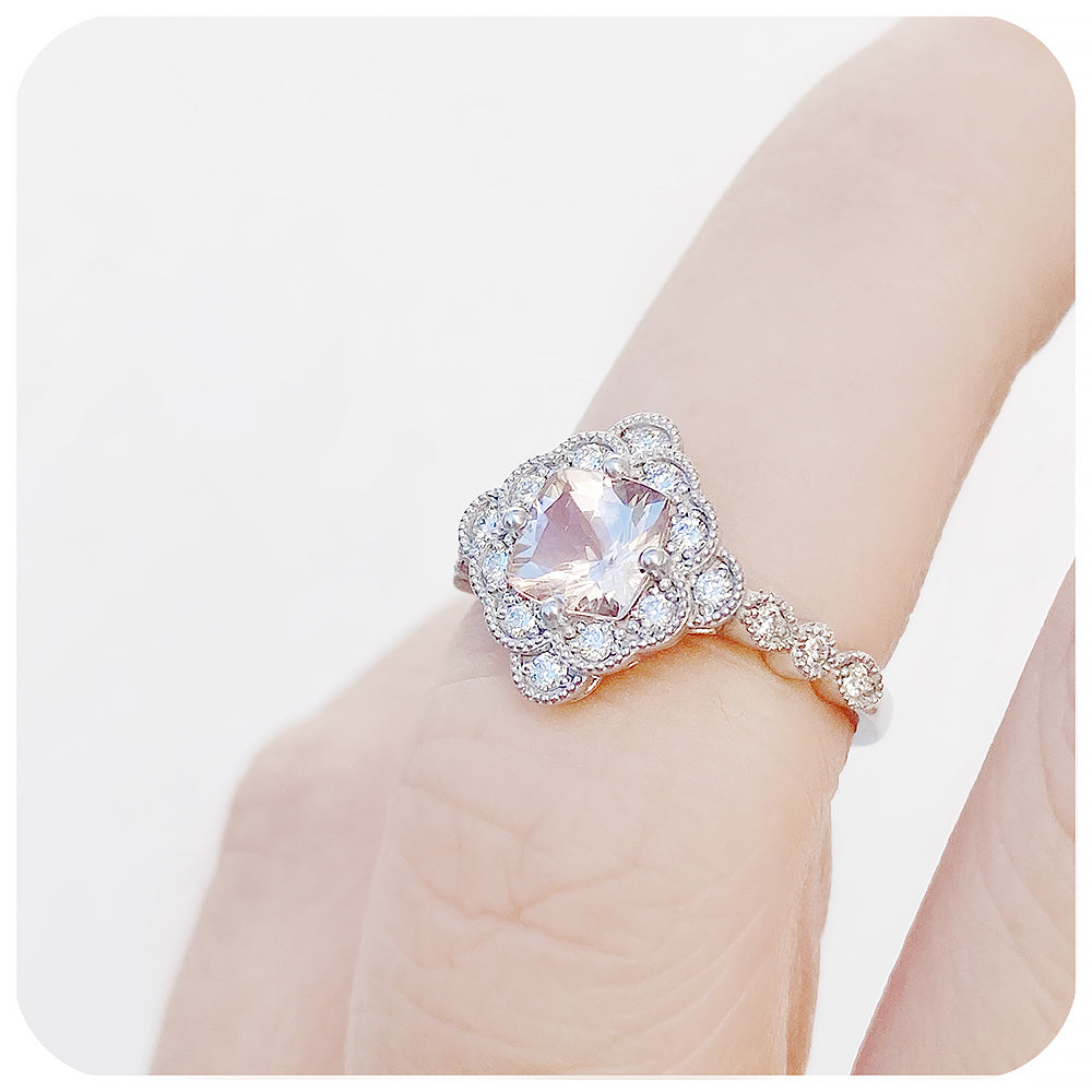 Cushion cut Morganite and Diamond Halo Engagement Ring - Victoria's Jewellery