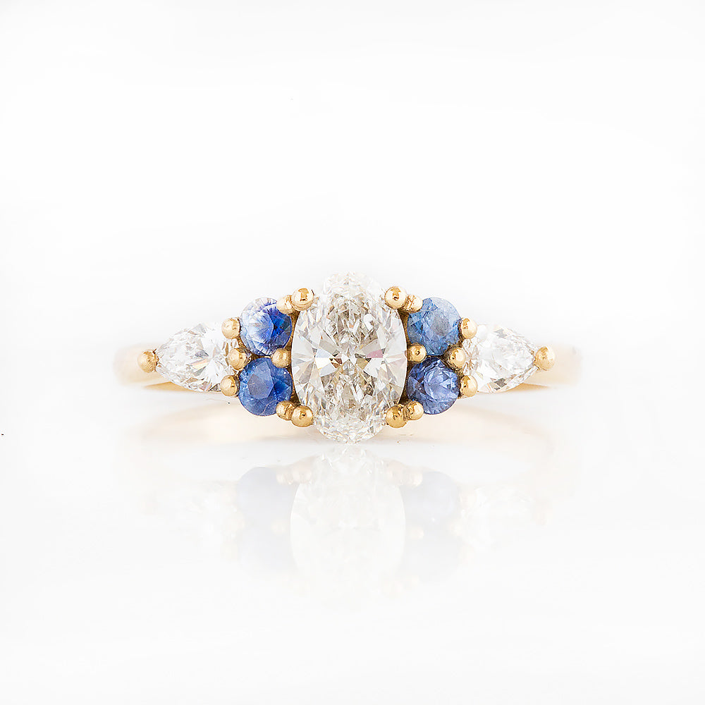 Diamond and Sapphire Trellis Cluster Engagement Ring in Yellow Gold