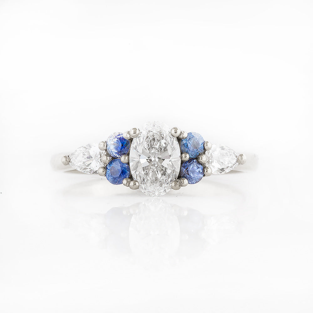 Diamond and Sapphire Trellis Cluster Engagement Ring in White Gold