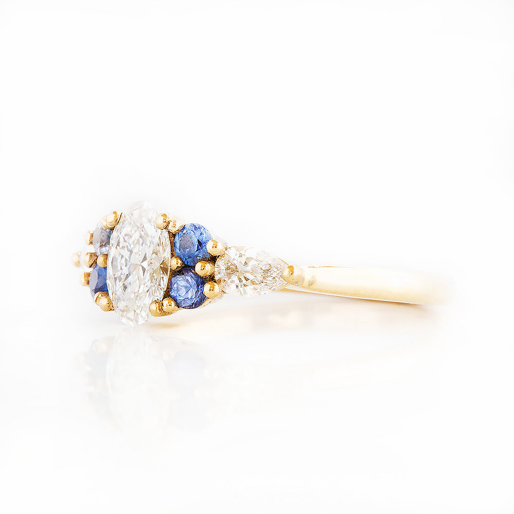 Diamond and Sapphire Trellis Cluster Engagement Ring in Yellow Gold