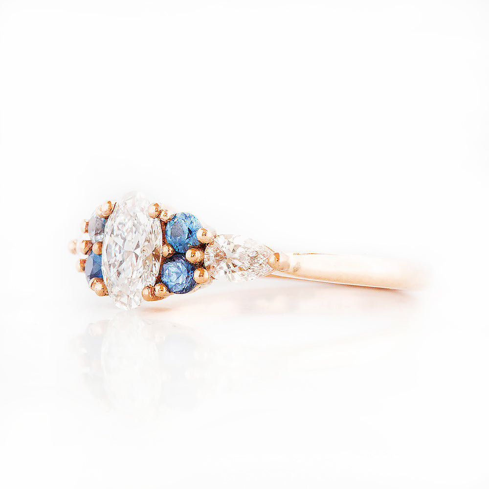 Diamond and Sapphire Trellis Cluster Engagement Ring in Rose Gold