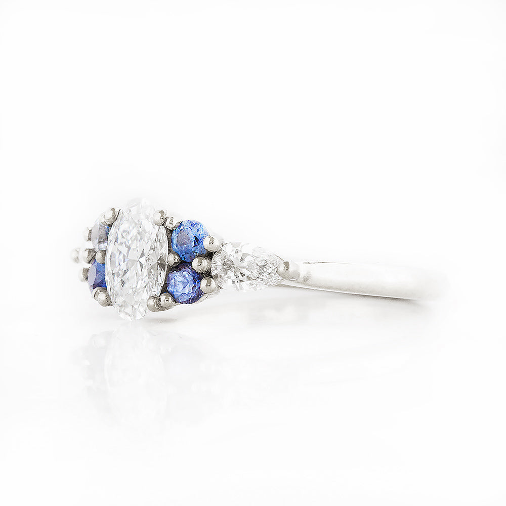 Diamond and Sapphire Trellis Cluster Engagement Ring in White Gold