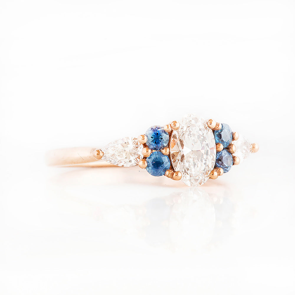 Diamond and Sapphire Trellis Cluster Engagement Ring in Rose Gold