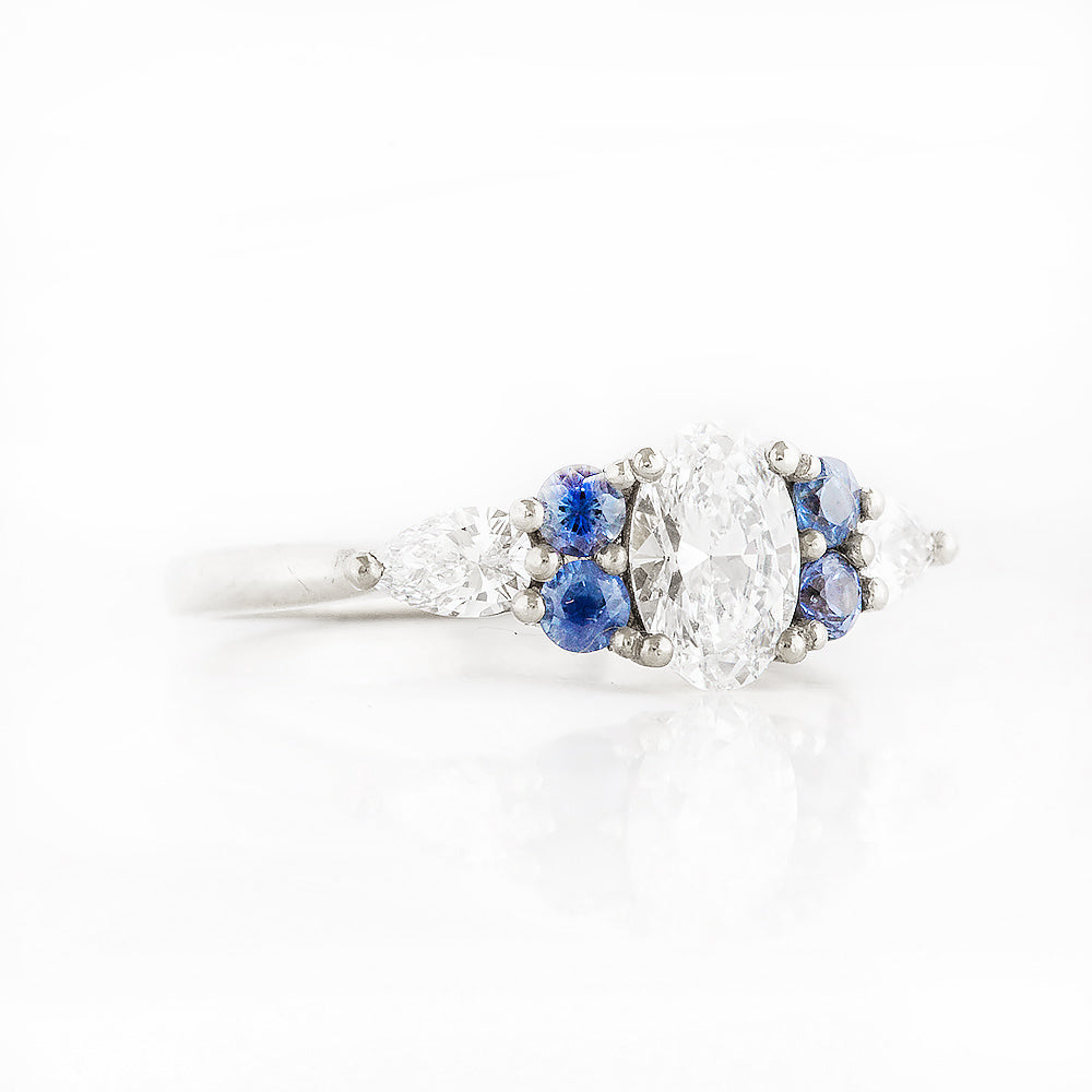 Diamond and Sapphire Trellis Cluster Engagement Ring in White Gold