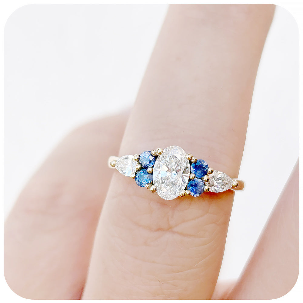 Diamond and Sapphire Trellis Cluster Engagement Ring in Yellow Gold