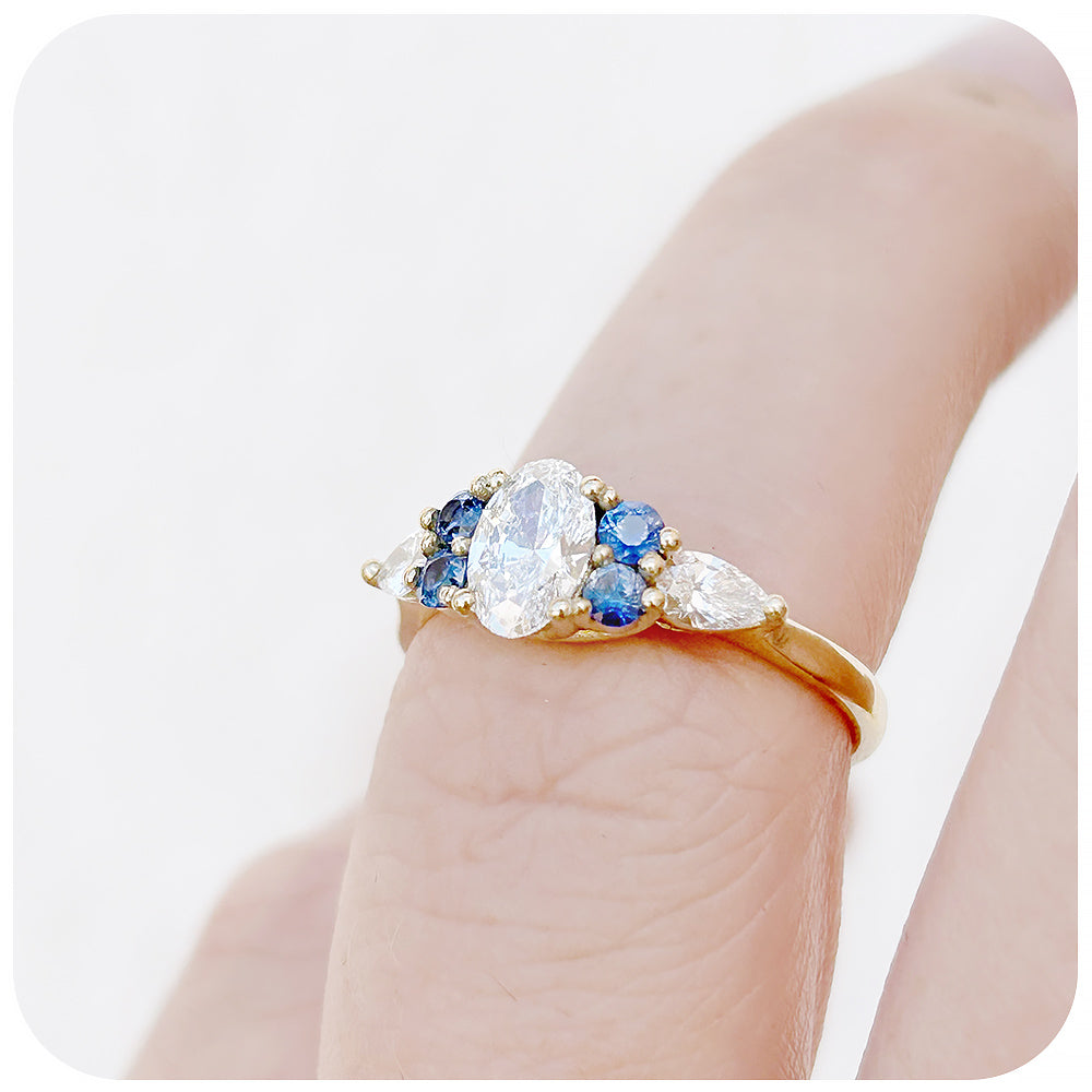 Diamond and Sapphire Trellis Cluster Engagement Ring in Yellow Gold