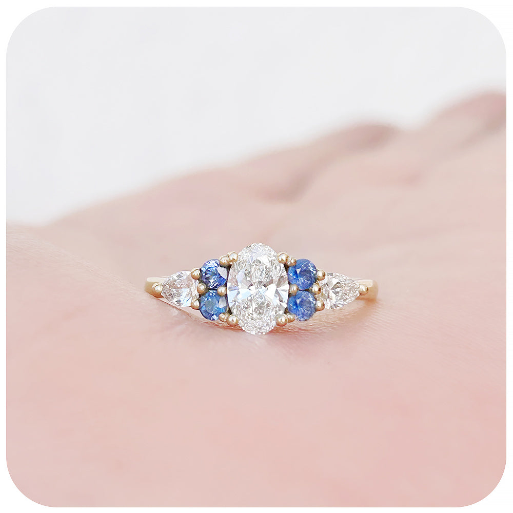 Diamond and Sapphire Trellis Cluster Engagement Ring in Yellow Gold