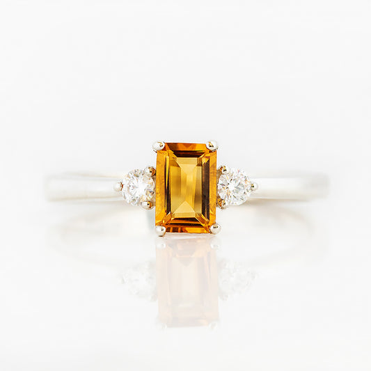 Emerald cut Citrine and Lab Diamond trilogy engagement ring - Victoria's Jewellery