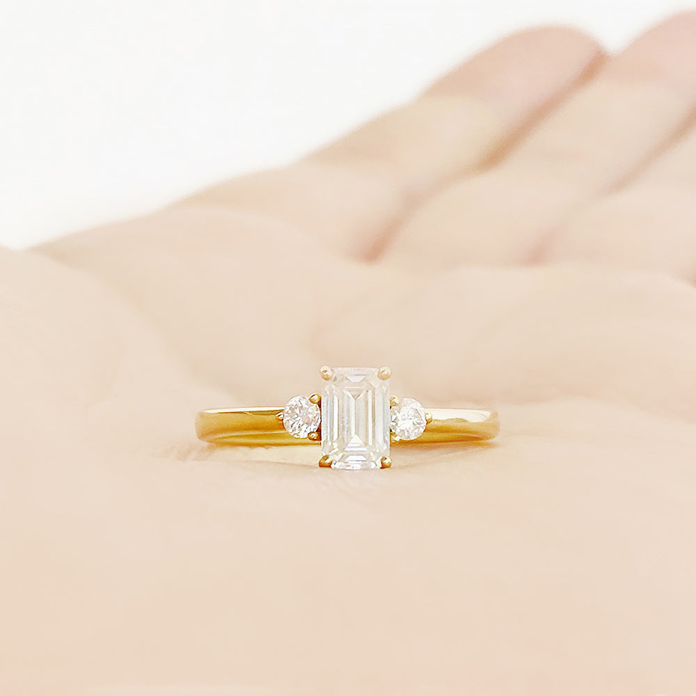 Emerald cut Diamond Trilogy Engagement Ring in Yellow Gold - Victoria's Jewellery