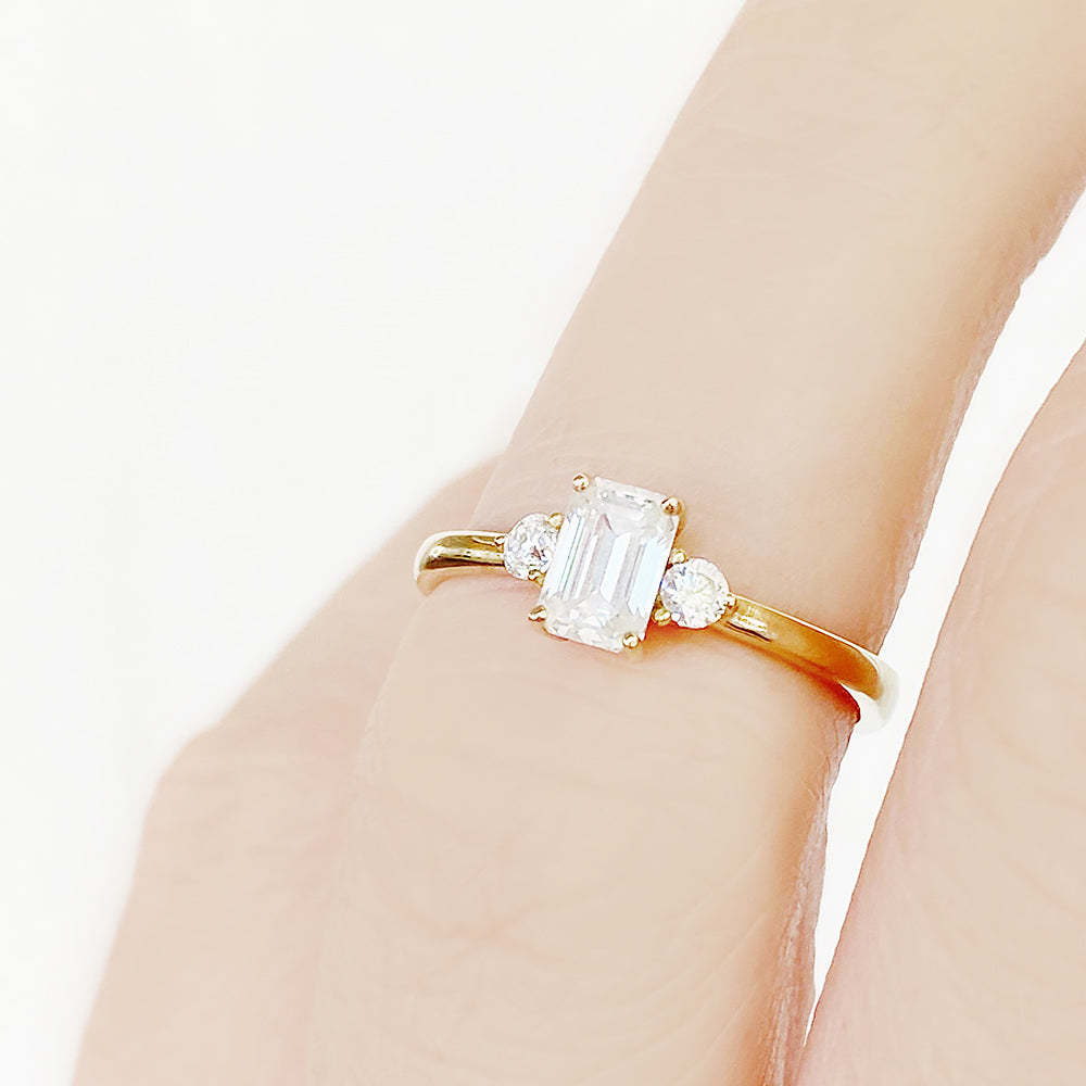 Emerald cut Diamond Trilogy Engagement Ring in Yellow Gold - Victoria's Jewellery