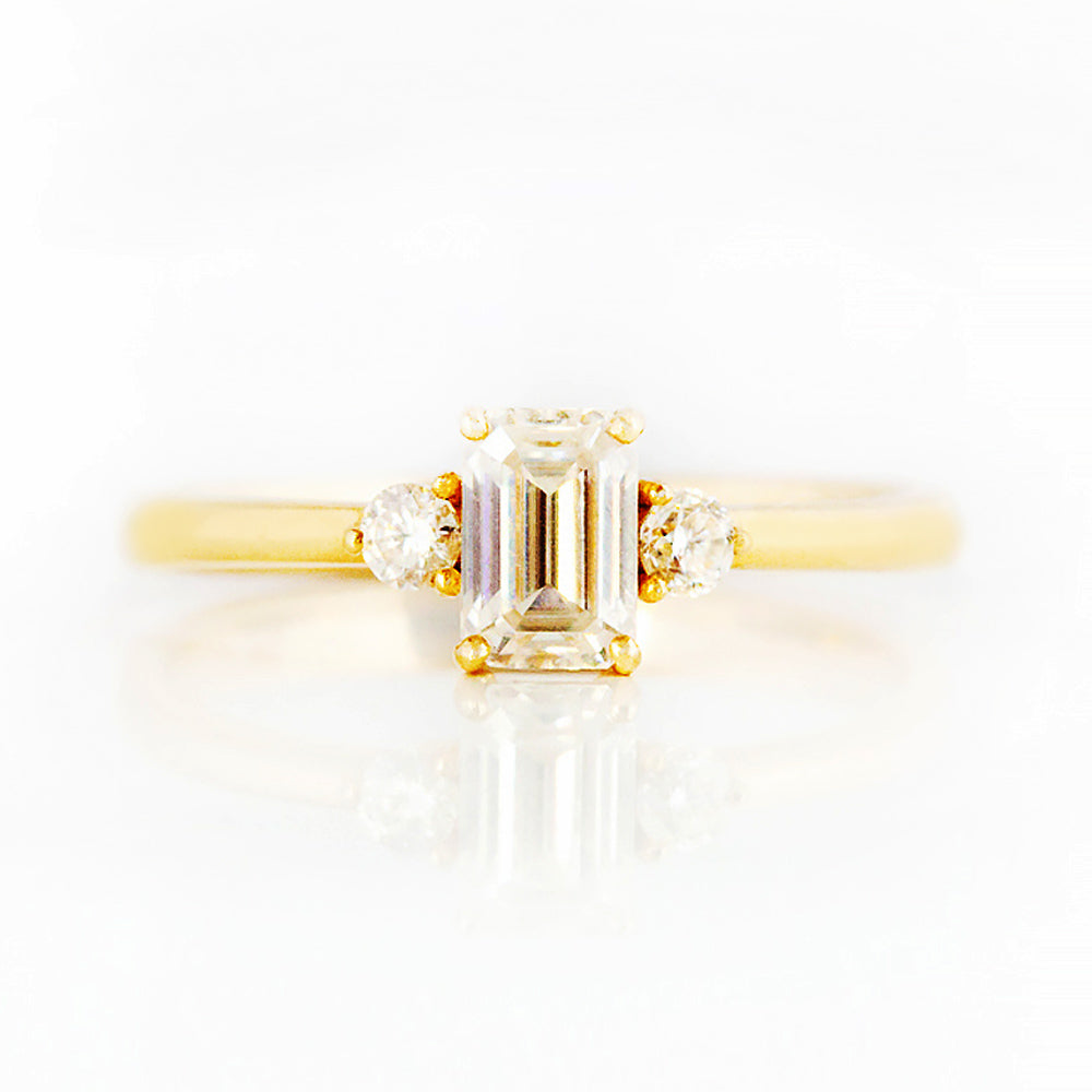 Emerald cut Diamond Trilogy Engagement Ring in Yellow Gold - Victoria's Jewellery