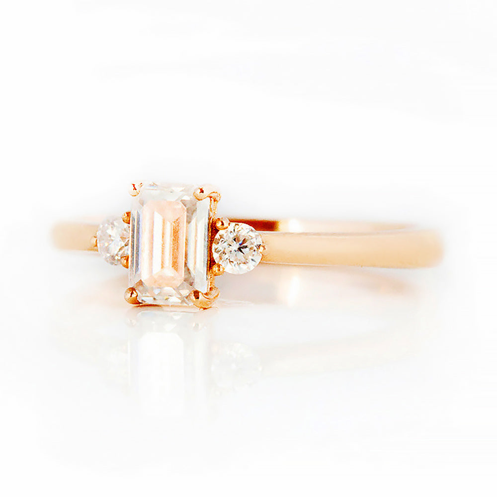 Emerald cut Diamond Trilogy Engagement Ring in Rose Gold - Victoria's Jewellery