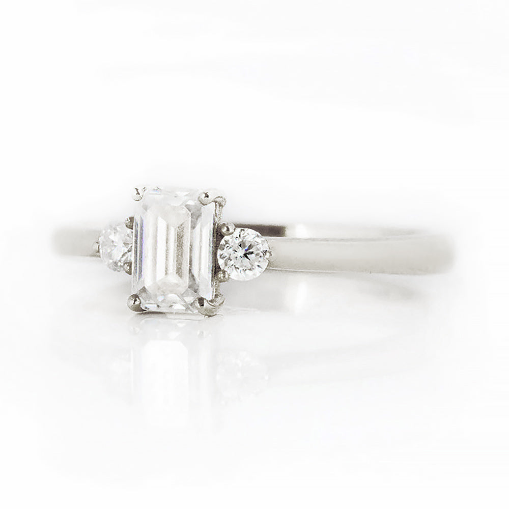 Emerald cut Diamond Trilogy Engagement Ring in White Gold - Victoria's Jewellery