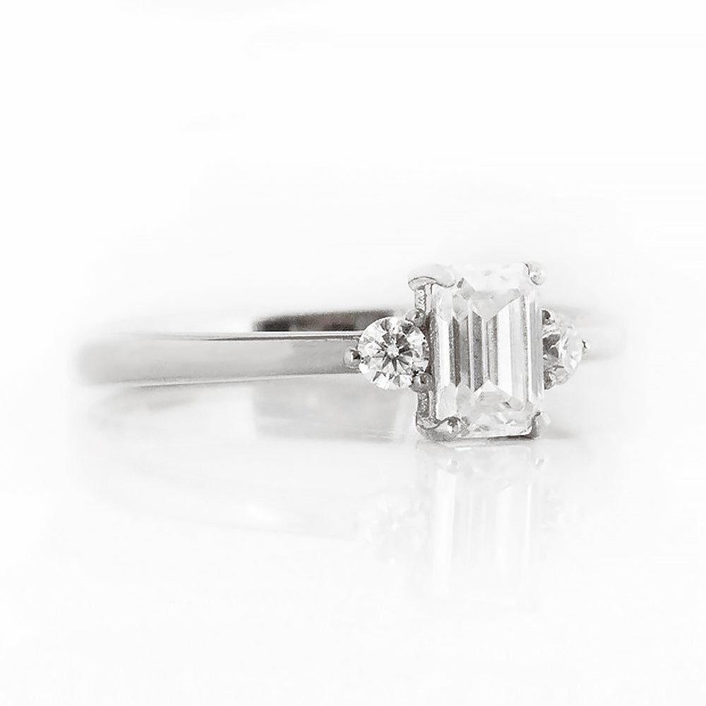 Emerald cut Diamond Trilogy Engagement Ring in White Gold - Victoria's Jewellery