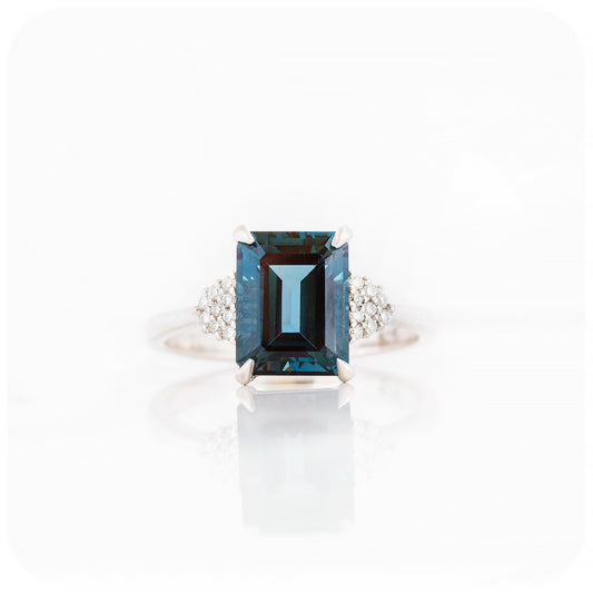 Octagonal cut London Blue Topaz and Diamond cluster Engagement Ring - Victoria's Jewellery