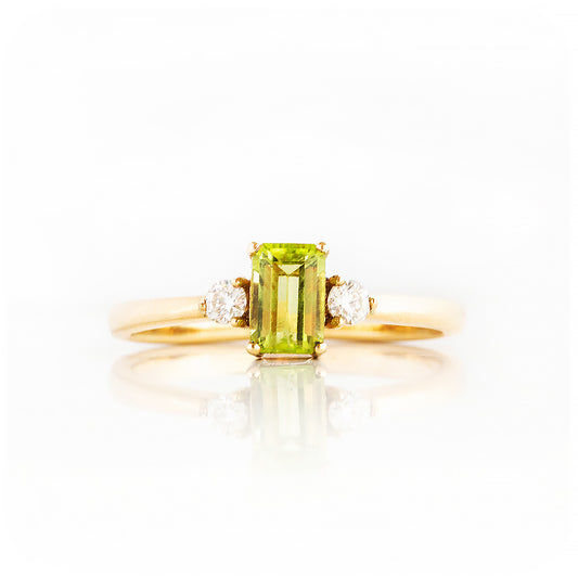 Emerald cut Peridot and Diamond Trilogy Engagement Ring - Victoria's Jewellery