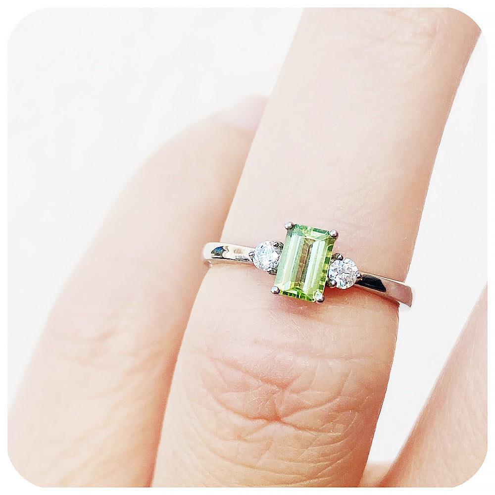 emerald cut green peridot and moissanite engagement ring - Victoria's Jewellery