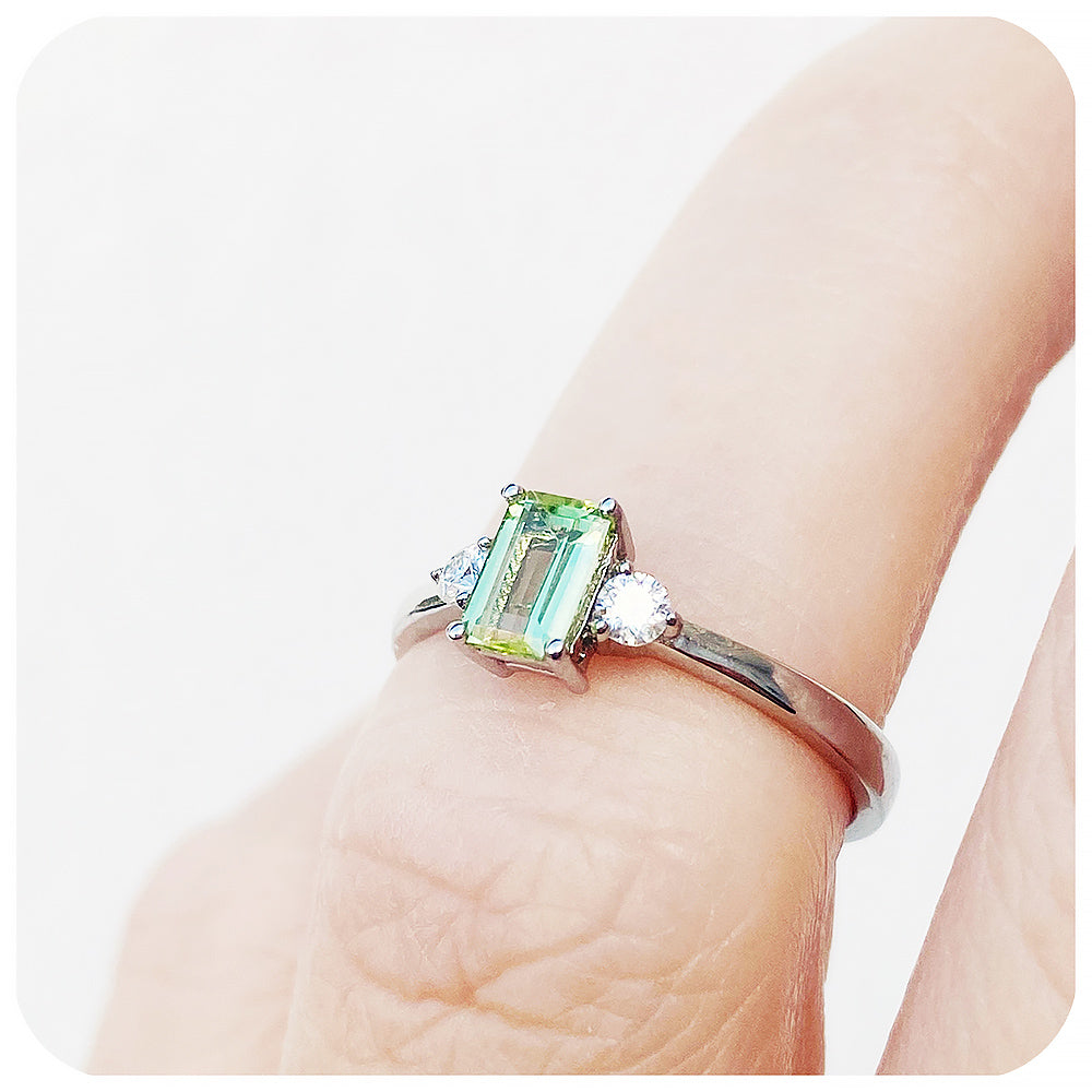 emerald cut green peridot and moissanite engagement ring - Victoria's Jewellery