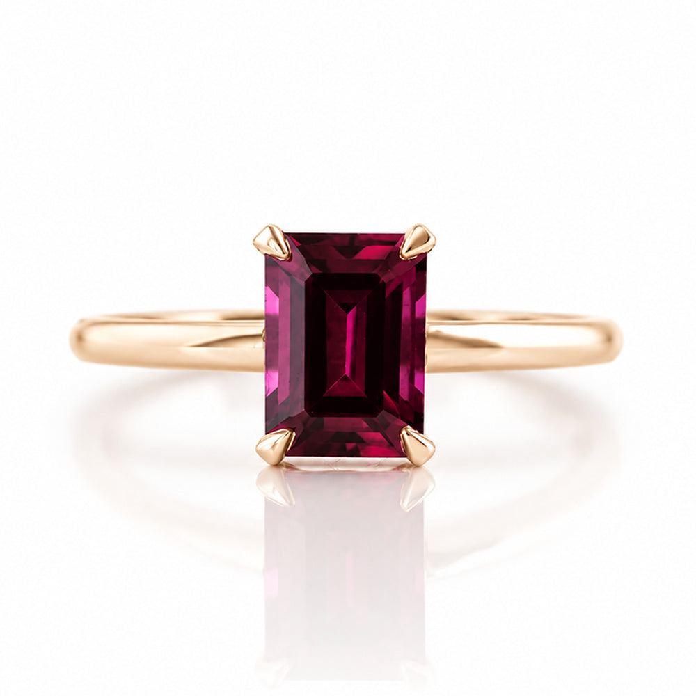 Mari, an Emerald cut Rhodolite Solitaire Ring