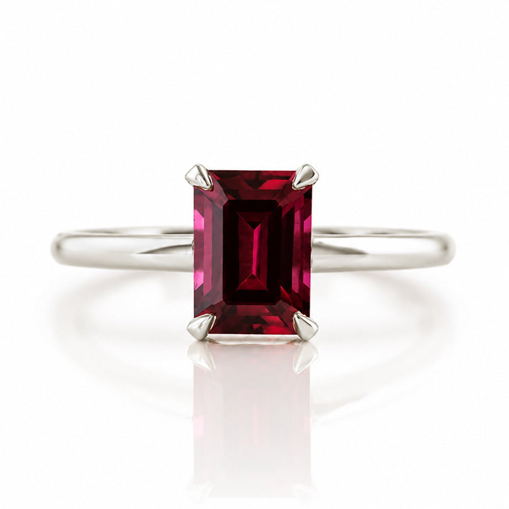 Mari, an Emerald cut Rhodolite Solitaire Ring