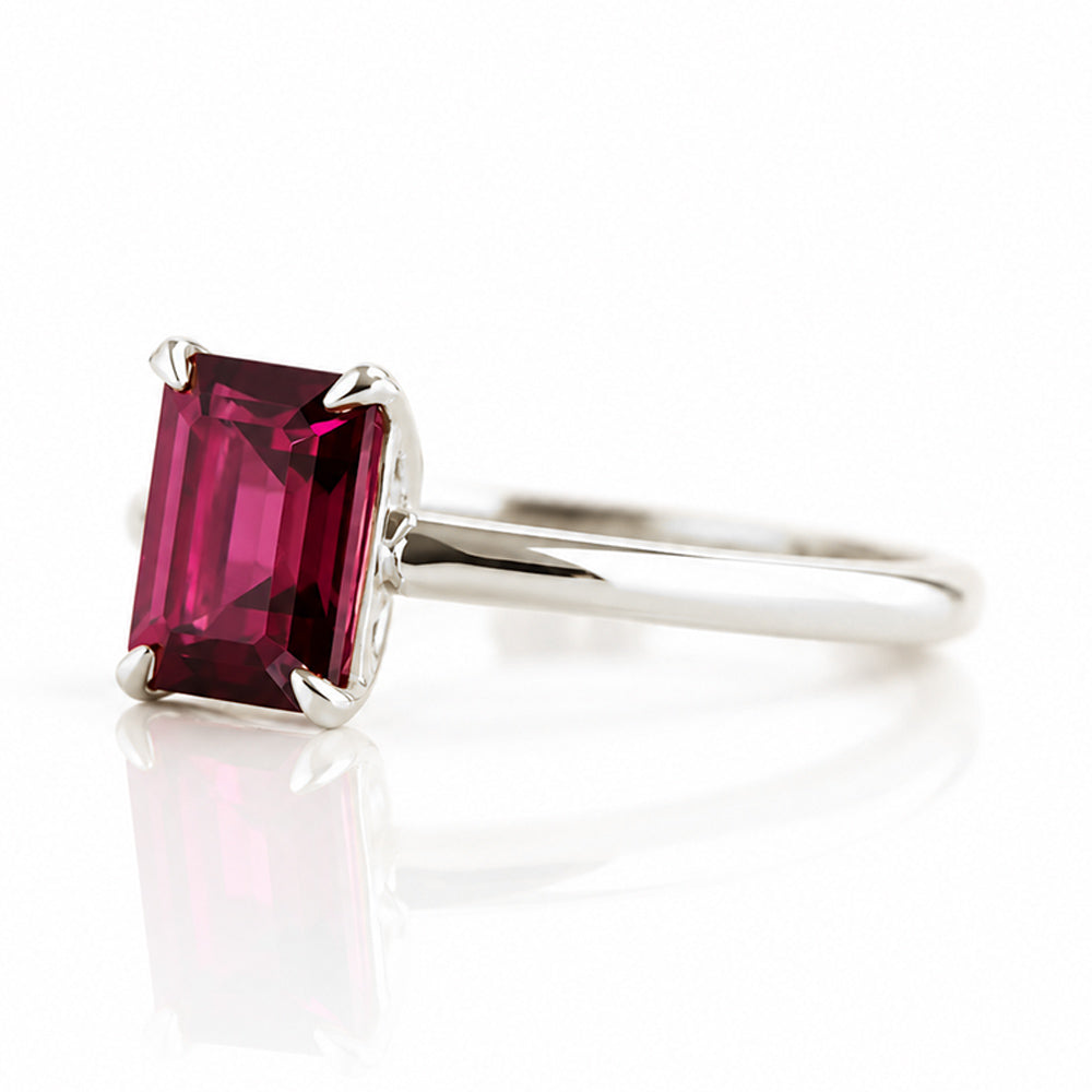 Mari, an Emerald cut Rhodolite Solitaire Ring