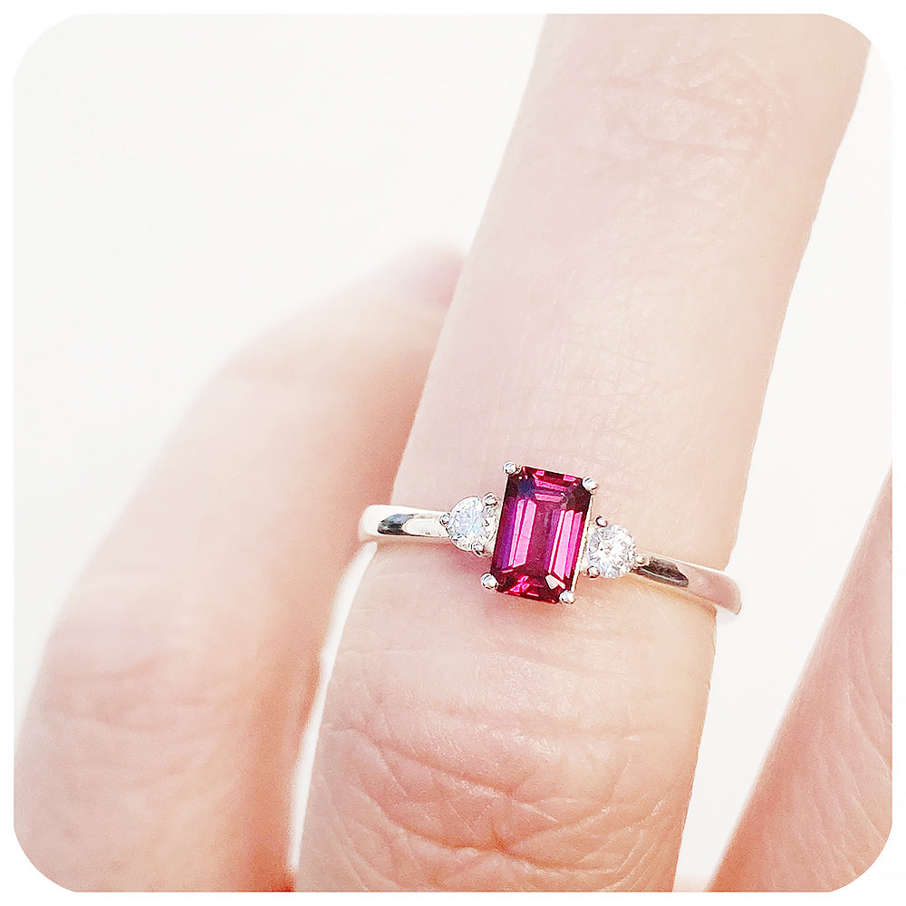 Emerald cut Rhodolite and Moissanite Engagement Ring - Victoria's Jewellery