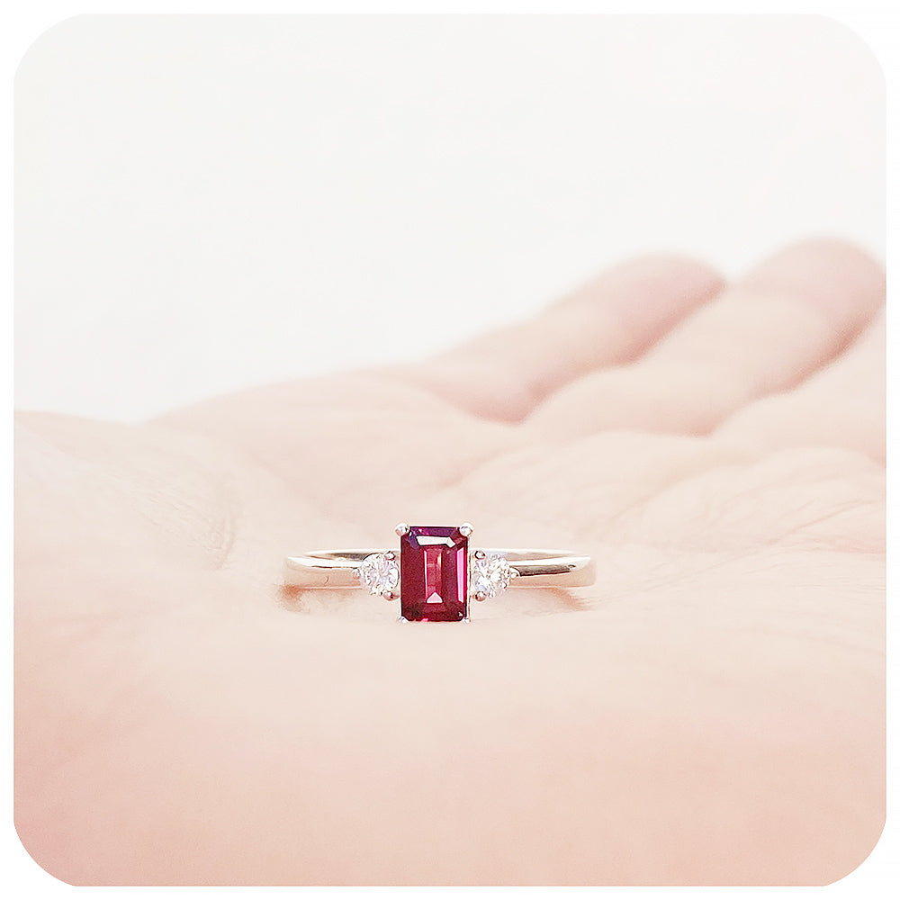 Emerald cut Rhodolite and Moissanite Engagement Ring - Victoria's Jewellery