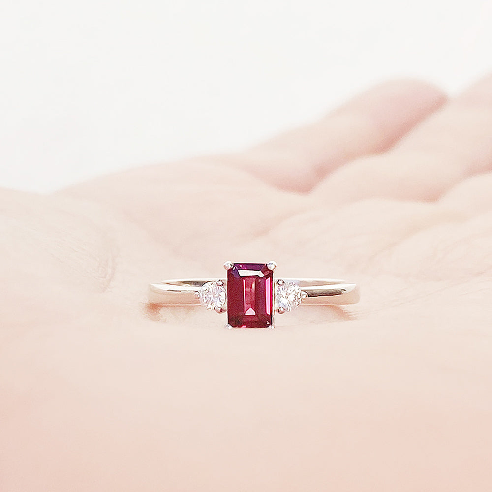 Emerald cut Rhodolite and Diamond trilogy engagement ring - Victoria's Jewellery