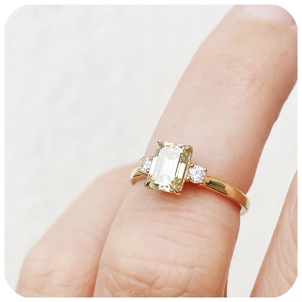 Fancy Yellow Emerald and Round cut Moissanite Trilogy Engagement Wedding Ring - Victoria's Jewellery