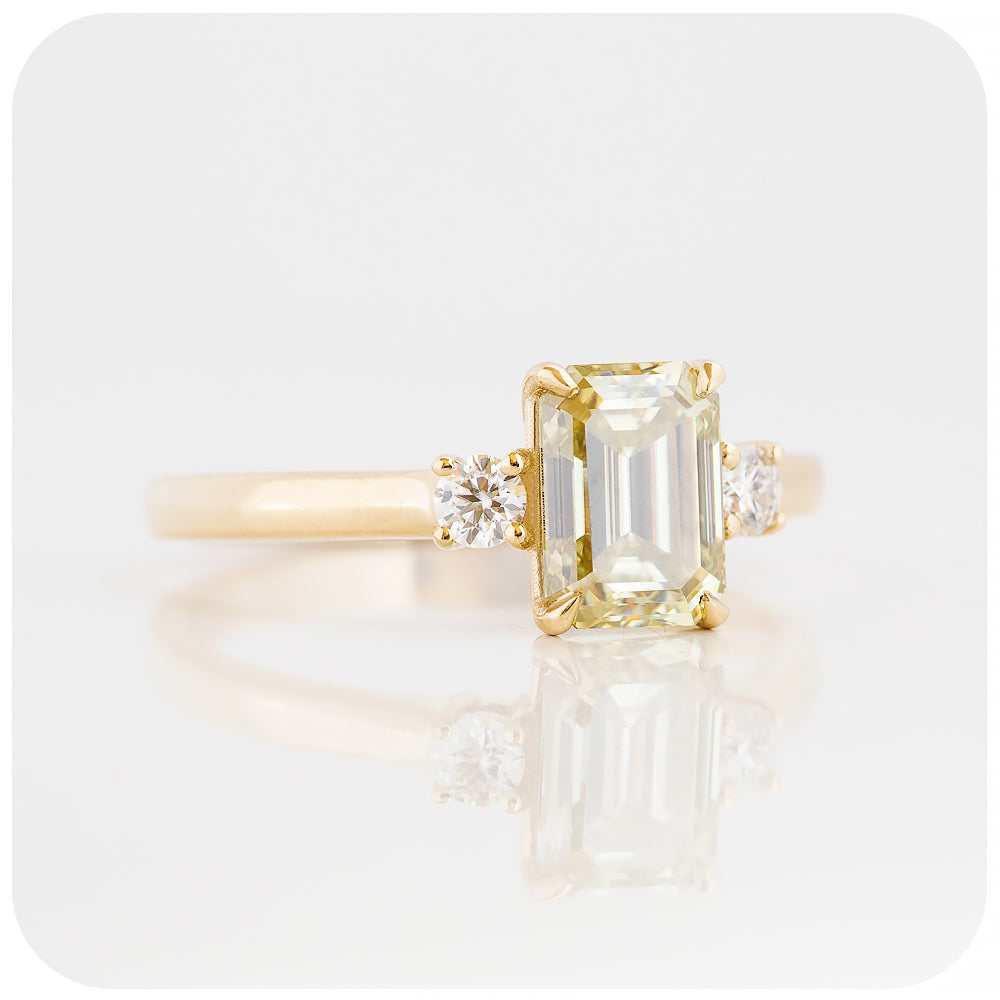 Fancy Yellow Emerald and Round cut Moissanite Trilogy Engagement Wedding Ring - Victoria's Jewellery