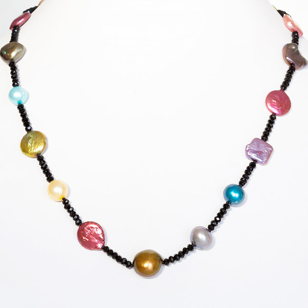 Multi Colour Fresh Water Pearl and Onyx Necklace - 50cm - Victoria's Jewellery