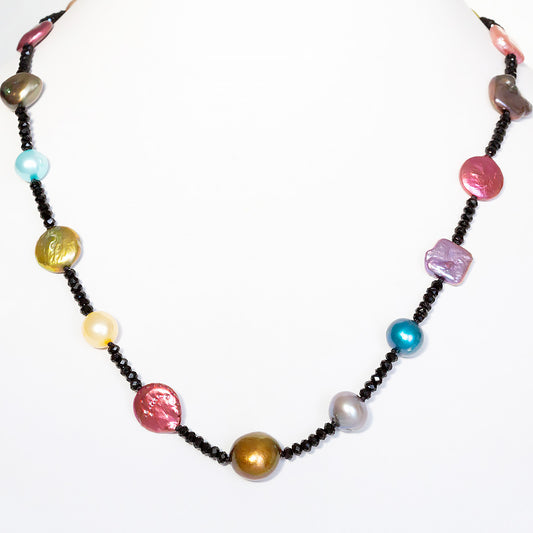 Multi Colour Fresh Water Pearl and Onyx Necklace - 50cm - Victoria's Jewellery