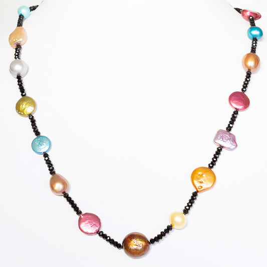 Multi Colour Fresh Water Pearl and Onyx Necklace - 55cm - Victoria's Jewellery