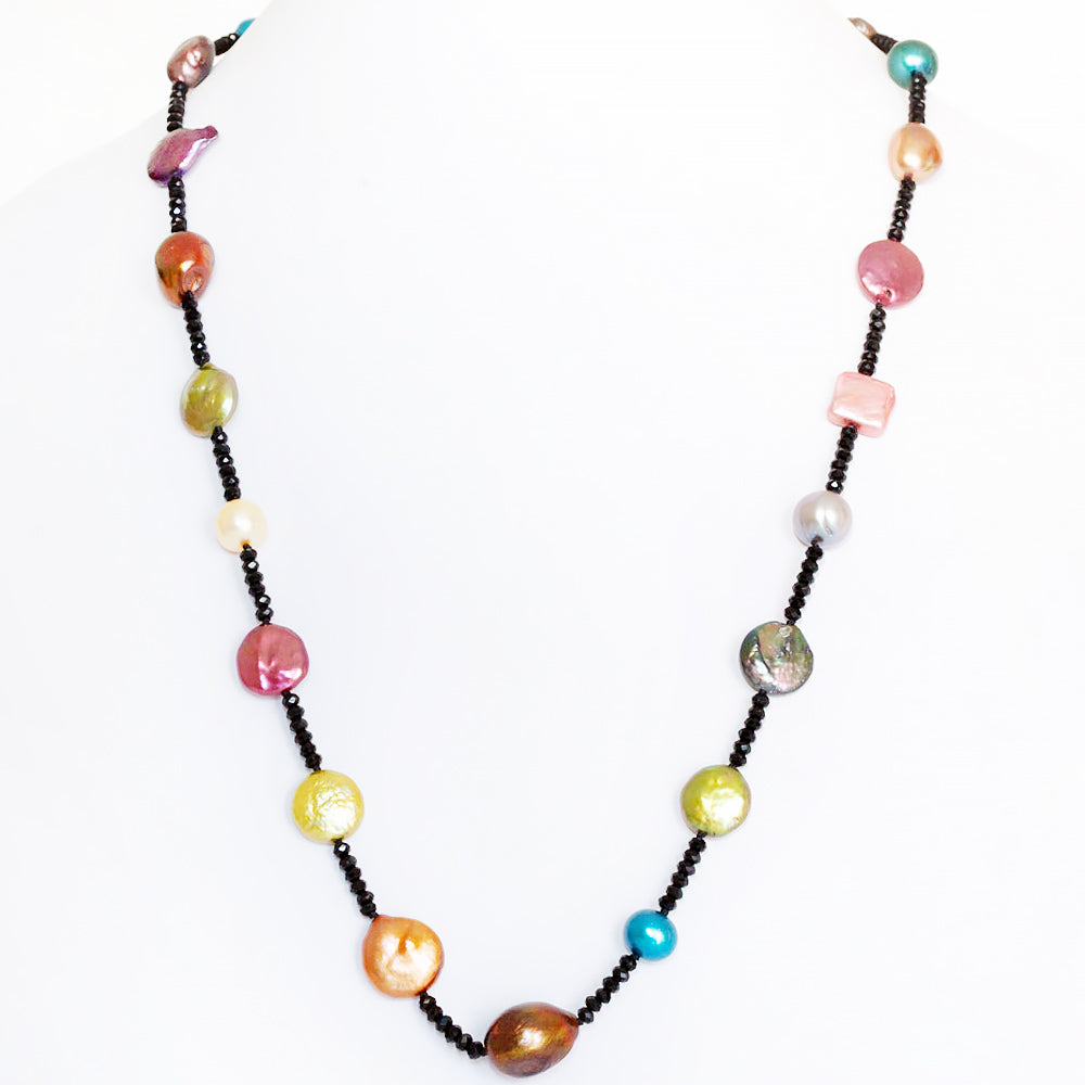 Multi Colour Fresh Water Pearl and Onyx Necklace - 62cm - Victoria's Jewellery